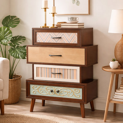 Fienley 26"W 4-Drawer Accent Chest with Mixed-Pattern Drawers, Vintage Wood Storage Cabinet