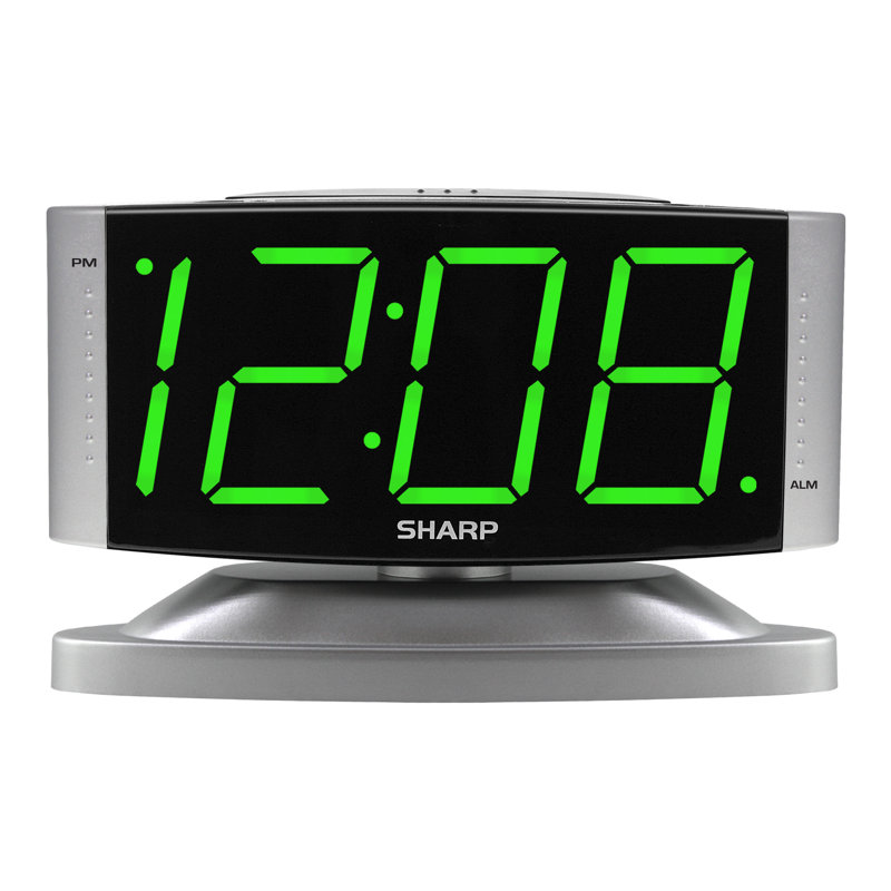 Sharp LED Digital Alarm Clock, Green LED Display, Silver Case, Swivel Base