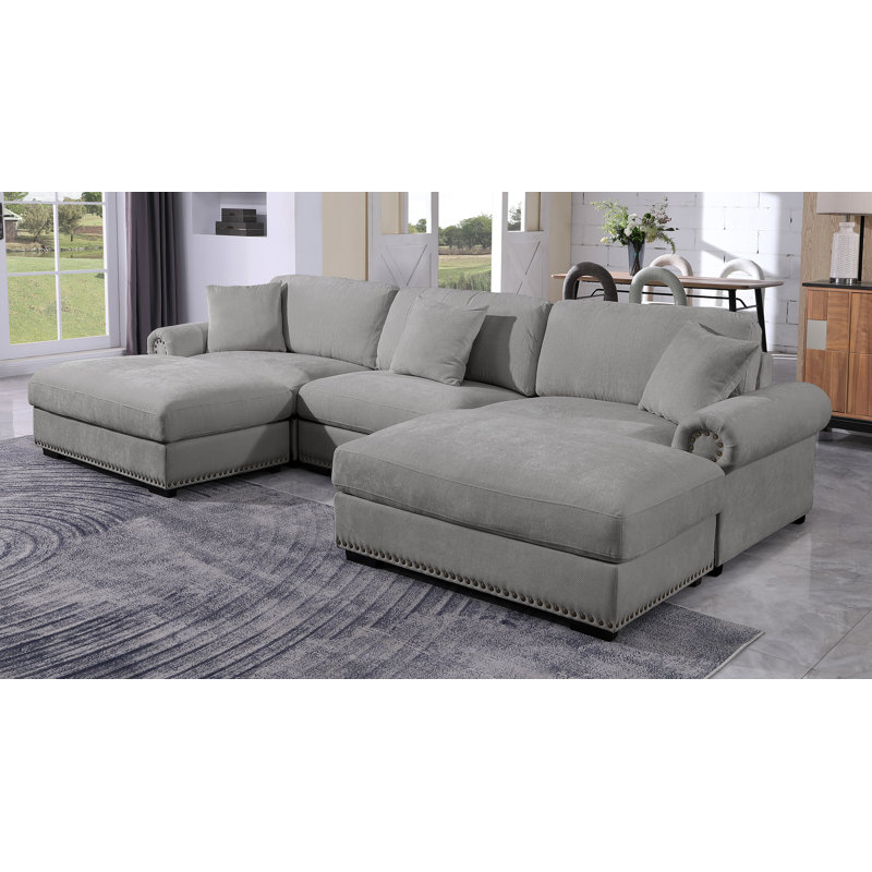 Upholstered 5 Seat U Shaped Sleeper Cloud Couch & Reversible Ottomans, Light Gray Chenille