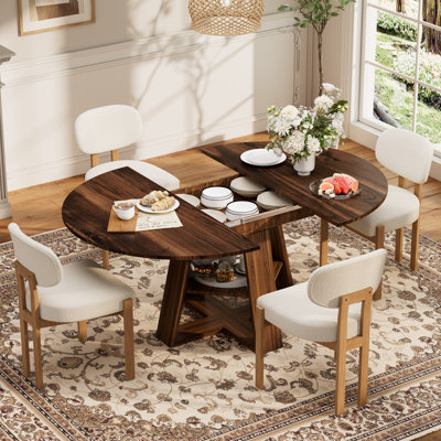 Multi-Functional 43.3"-59" Extendable Dining Set With Storage Shelf And Chenille Fabric Chairs, Space-Saving Family Dining Table Set