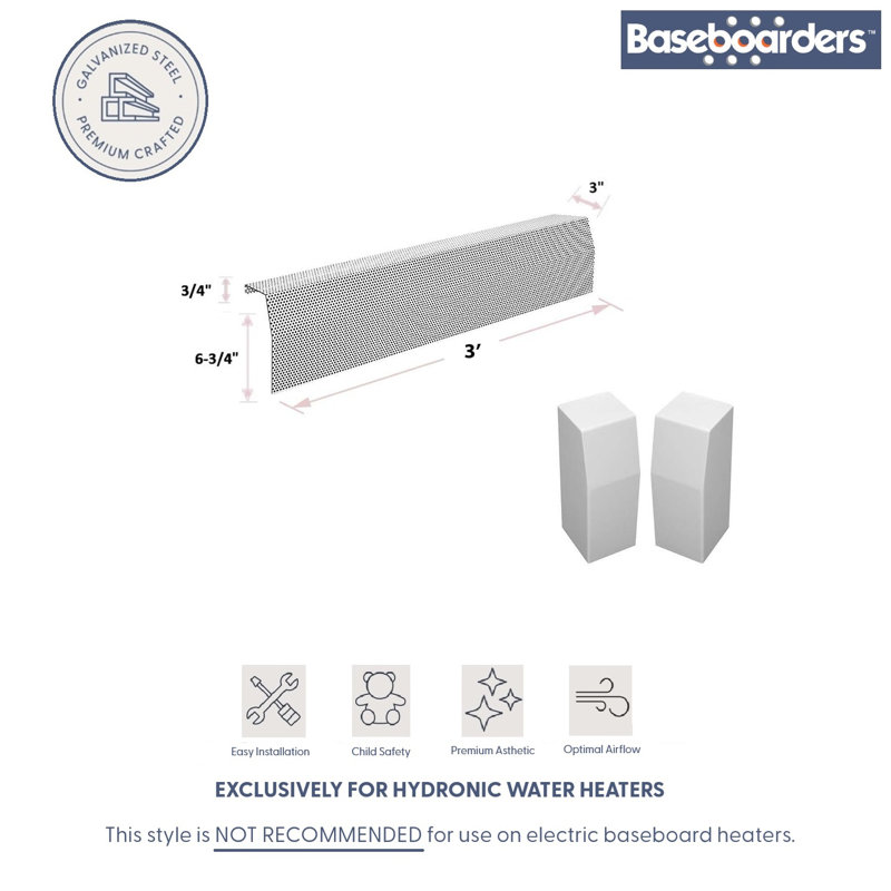 Baseboarders Premium Series Galvanized Steel Easy Slip-on Baseboard Heater Cover Set - White | Heater Cover and Endcaps Included