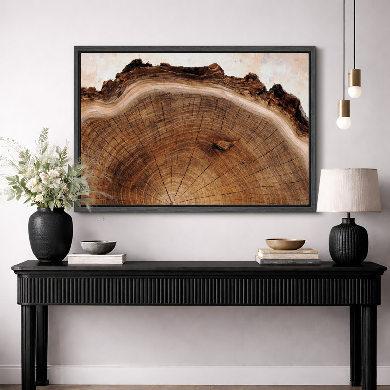 Œuvre d'anneau en bois naturel, tronc d'arbre rustique, photos de salon, impression sur toile encadrée, Cadre noir