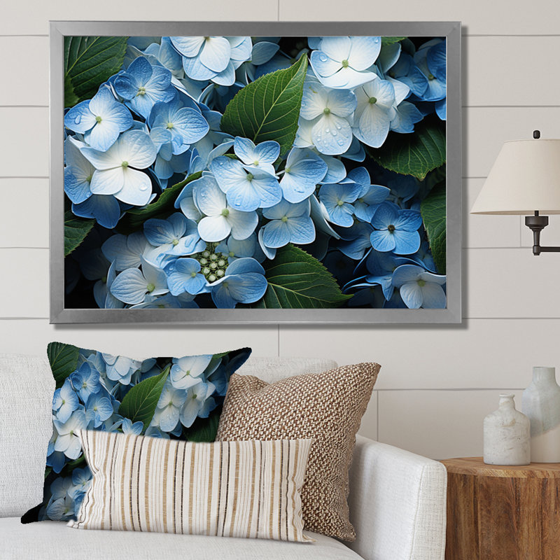 «Blue Hydrangea Field», vue aérienne sur toile, H 12 po x l 20 po x P 1 po, Cadre photo argenté