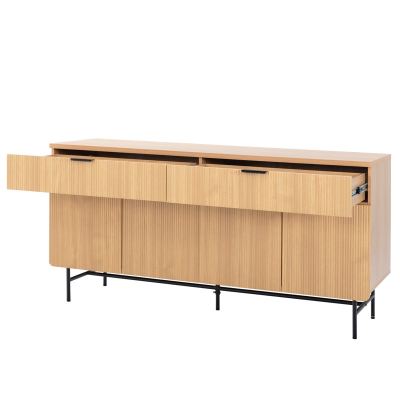 Meuble télé 69 po avec rangement, console multimédia moderne avec 2 tiroirs et 4 portes pour le salon, Chêne