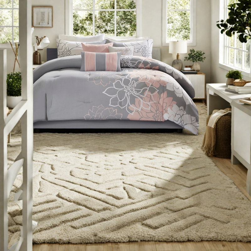 Ensembles de literie à motif floral moderne, édredon en satin de coton gris pêche, chambre confortable