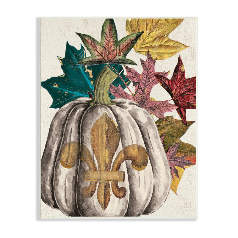 «Fleur-De-Lis Crest Pumpkin Vintage Autumn Leaf Arrangement» par - Impression, H 19 po x l 13 po, Plaque murale
