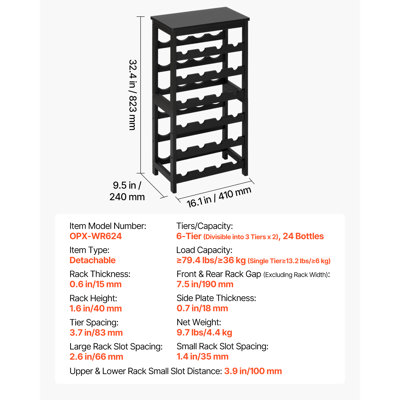 Casier à vin amovible pour 24 bouteilles, porte-bouteilles à 6 niveaux, tablette de rangement à vin autoportante avec plateau, idéale pour cave, bar, salle à manger, salon, noir, conçue pour la cuisine