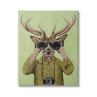 " Funny Cute Deer Binoculars Camera Painting Green Background " by Coco De Paris