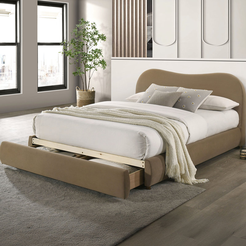 Grand lit avec tête de lit courbée en velours brun, style contemporain, rangement, rangement en bois massif et bois d'ingénierie, cadre de lit