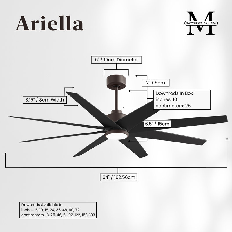 Ariella - Eight Blade Ceiling Fan - Integrated LED - Matte Black Finish - Matte White Blades, Textured Bronze, Matte Black