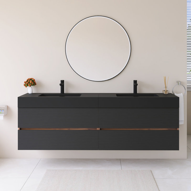 72" Wall-Mounted  Bathroom Vanity With Black Solid Surface Basin, 72"