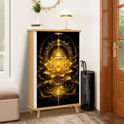 Minimalist Golden Lotus Flower Radiant Glowing Light Mandala Shoe Storage Cabinet with 3 Flip Drawers Freestanding Shoe Rack Organizer Space Saving Footwear Storage Furniture for Entryway Hallway Bedroom Small Apartment Home Use