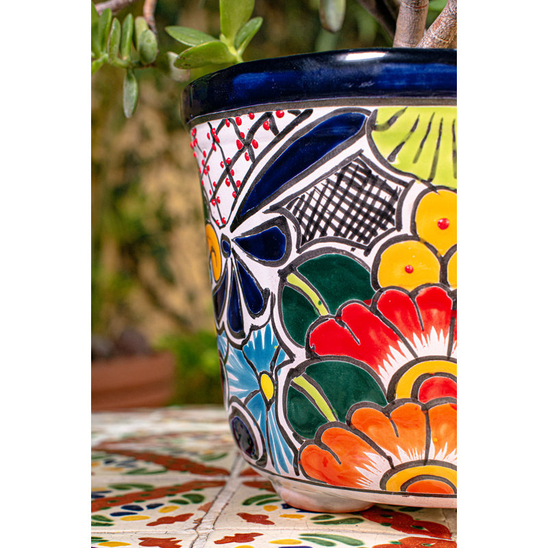 10" Multicolor Floral Talavera Ceramic Round Pot Planter