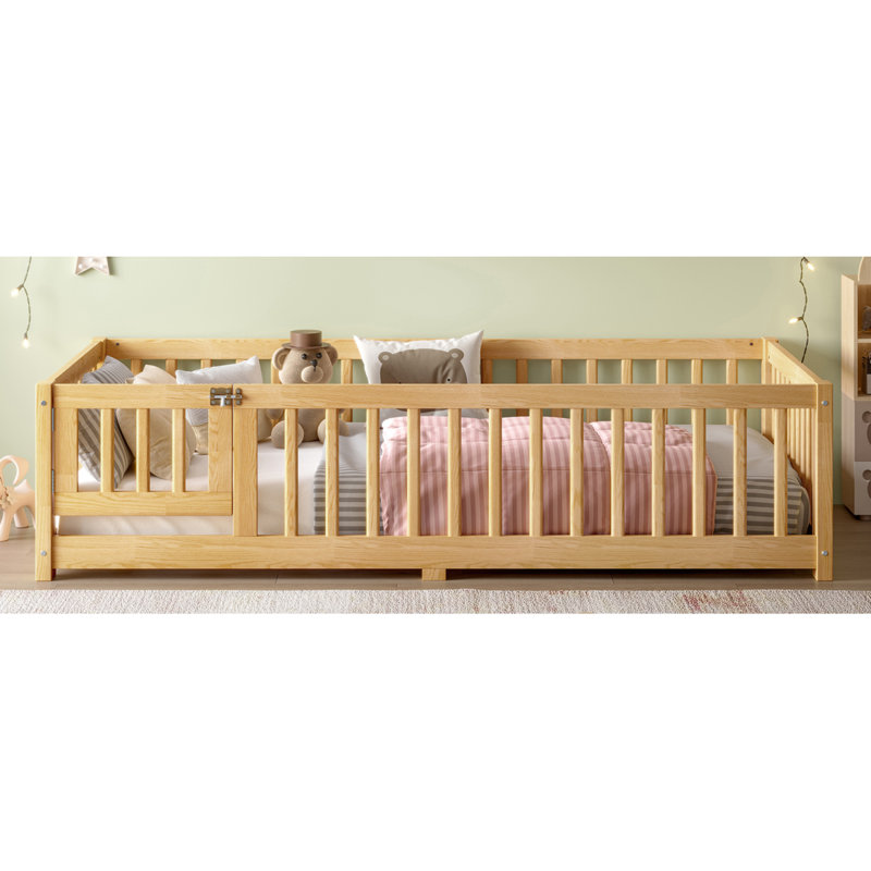Lit simple avec garde-corps de sécurité et porte pour enfants, naturel (ancien SKU: W1580P154623), Naturel, Lit simple