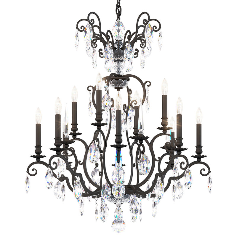 Renaissance Nouveau 12 Light 32in x 38in Chandelier in Heirloom Gold with Clear Heritage Handcut Crystals, Black