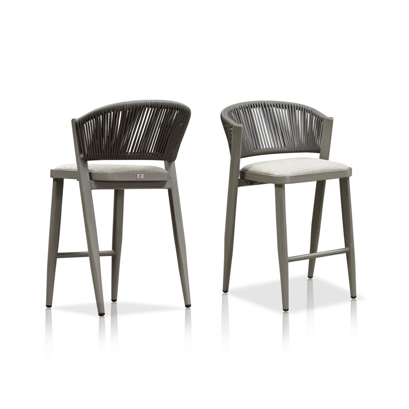 Ensemble de 2 tabourets de bar de patio avec coussins de couleur contrastante en aluminium, Gris Pierre, Albâtre