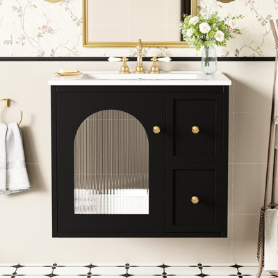 Armoire de salle de bain murale de 24 po avec lavabo en céramique, présentoir de porte en verre, 2 tiroirs profonds, installation rapide, style moderne, meuble-lavabo de construction pour les petites salles de bain, installation, rangement facile,