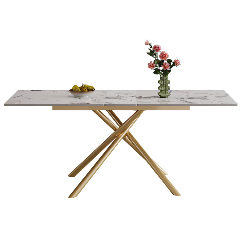 59-Inch Modern Rectangle Expandable Dining Table With Retractable Leaf, Sintered Stone Top & Golden Carbon Steel X-Base, Sturdy 4-6 Person Table For Small Apartments, Kitchen, Dining Room