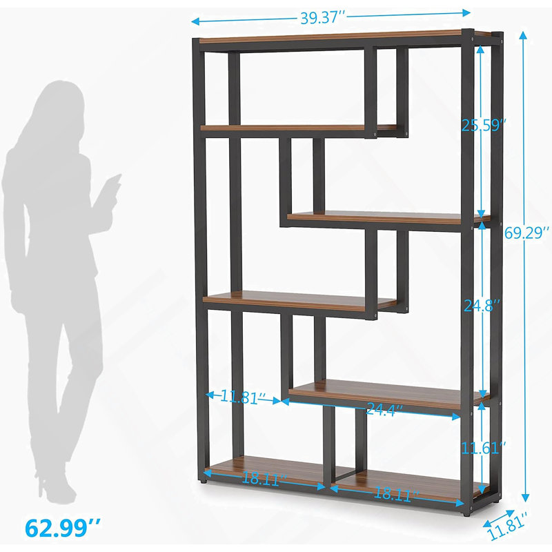 6-Tier Industrial Etagere Bookcase With Asymmetrical Open Shelves For Stylish And Functional Vertical Storage.