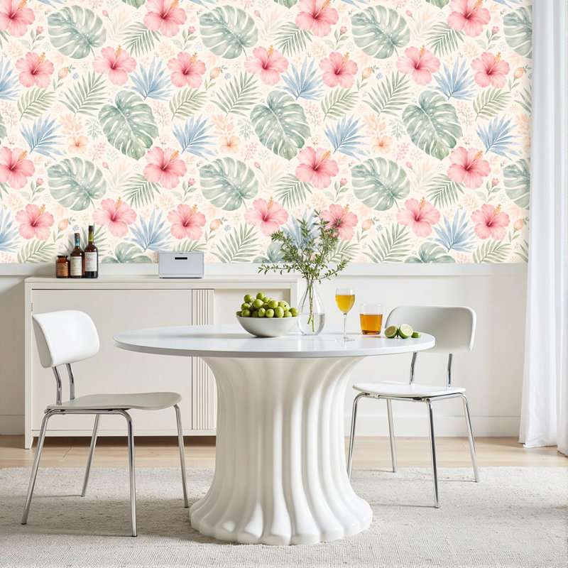Papier peint adhésif à motif floral Hibiscus Monstera Tropical, 117.96" L x 23.6" W