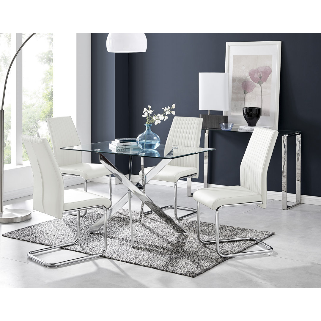 Lenworth Modern Metal and Glass Dining Table Set with 4 Luxury Faux Leather Dining Chairs East Urban Home Chair 