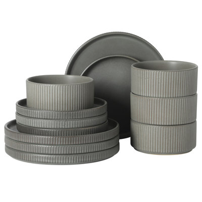 Gibson Elite 12 Piece (Service for 4) Townscape Plates and Bowls Reactive Glaze Embossed Round Dishes Terracotta Ceramic Dinnerware Set