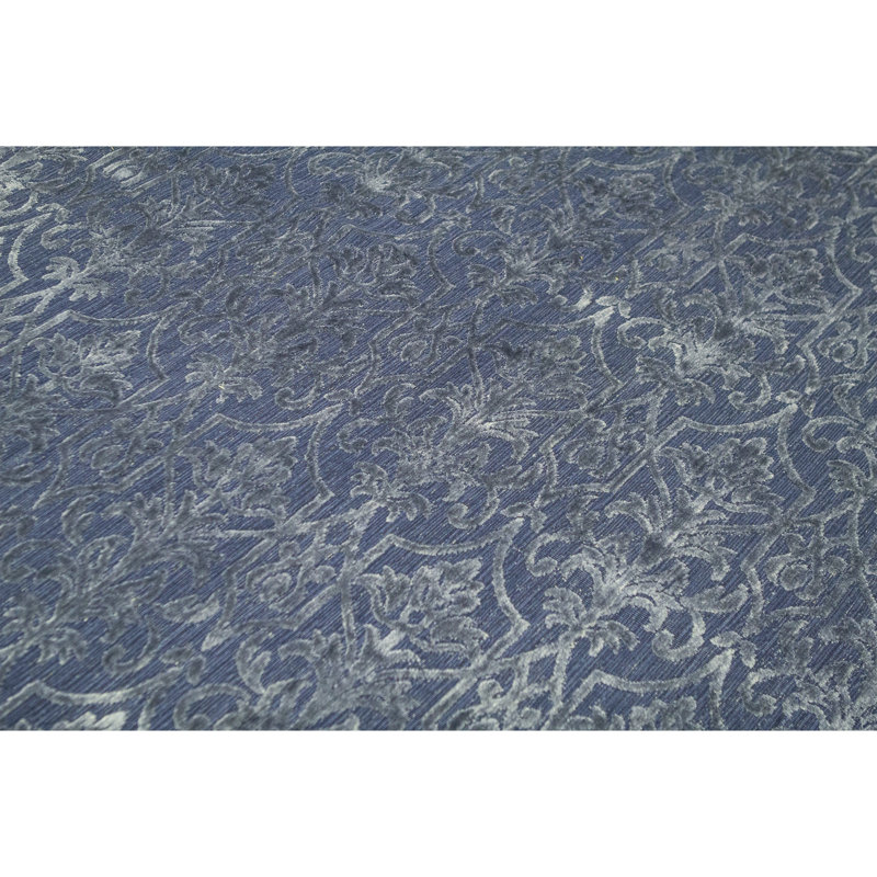 Jakat Wool Damask Area Rug in Blue, Rectangle 9' x 12'