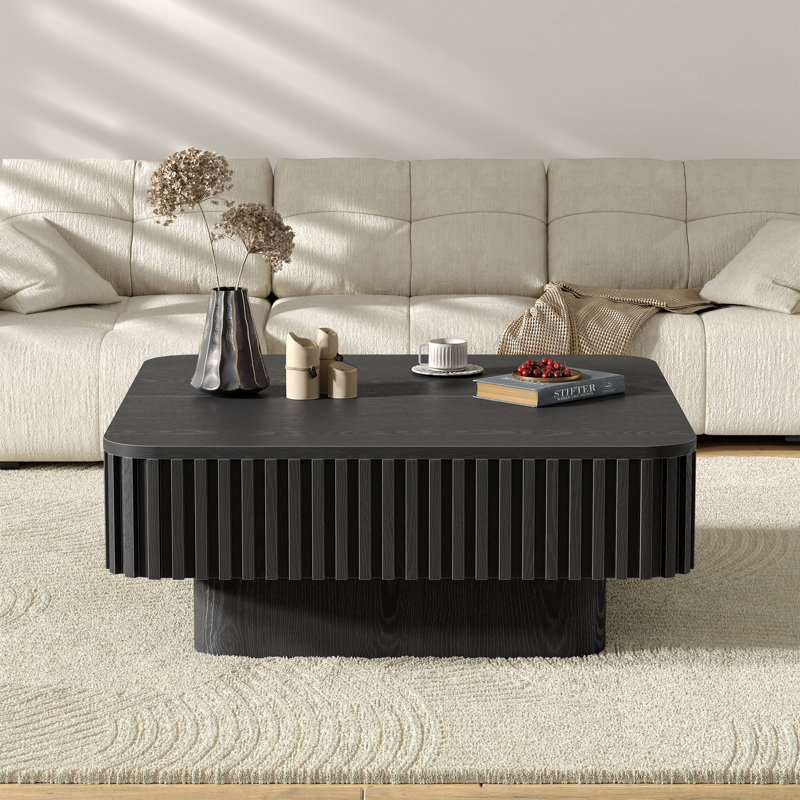 Table basse carrée moderne de 90 cm avec plateau relevable, rangement dissimulé, design cannelé et pied central., Noir