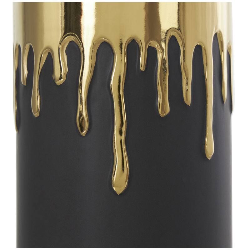 Marelin Ceramic Abstract Decorative Vase with Abstract Melting Drips, Gold/Black