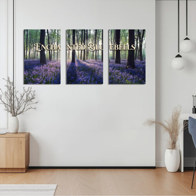 Ensemble de 3 toiles murales représentant un paysage de forêt de jacinthes des bois enchantée, pour la décoration du salon, de la chambre et de la maison.