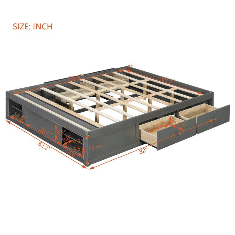 Bed Frame with 4 Drawers and Footboard Storage Cubby, Bunk Bed, Loft Bed, Queen Size Platform Bed Frame Gray, Gray