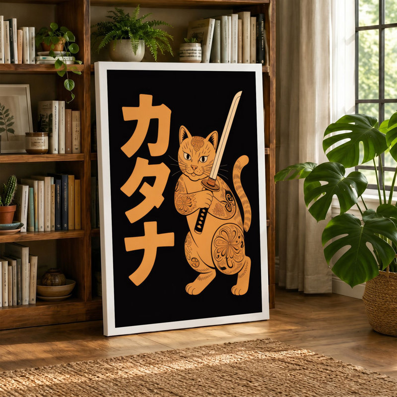 Golden Samurai Cat Japandi - Wrapped Canvas, 18x12 - 45.7 x 30.5 cm, Cream Border