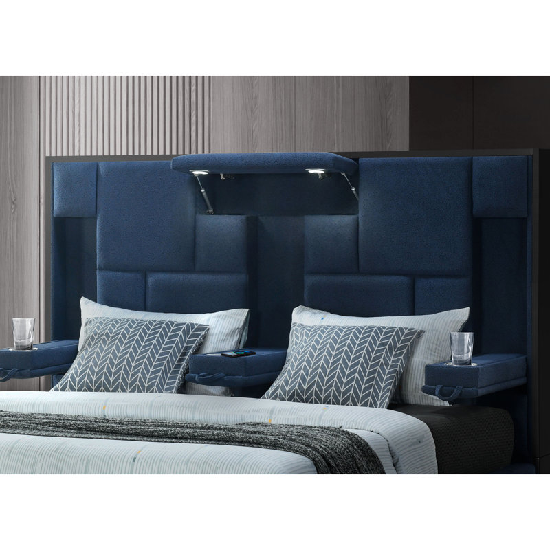 Grand lit contemporain bleu marine de 67,75 po Large, installation en bois d'hévéa, système intégré, Marine