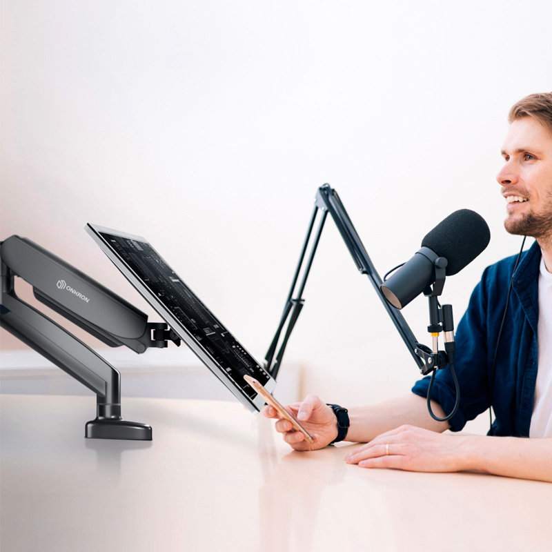 Black Full-Motion Gas Spring Monitor Desk Mount with Riser