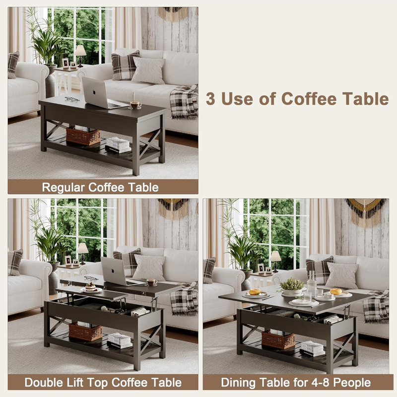 Coffee Table Lift Top, Multi-Function Convertible Coffee Table With Storage And Hidden Compartment, Coffee Table Converts To Dining Table For Living Room, 40