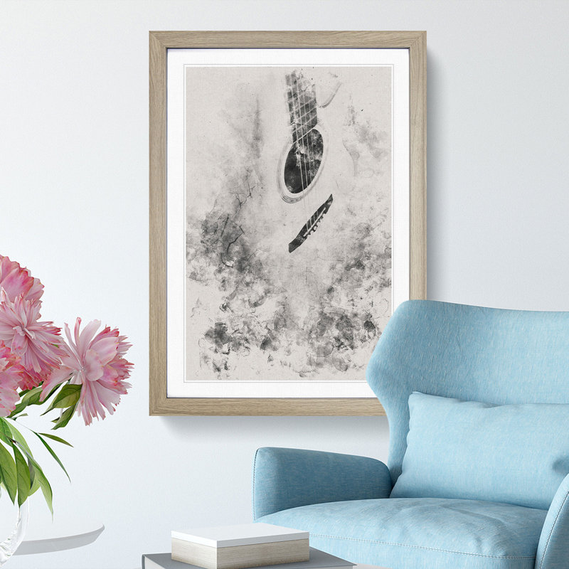 Cracked Acoustic Guitar Watercolour - Framed Print, 87cm H x 62cm W x 2cm D, Oak Framed
