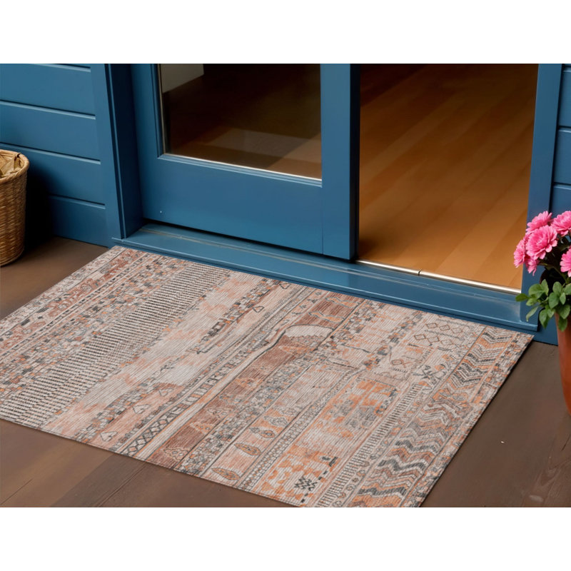 Tapis intérieur/extérieur lavable à rayures terre cuite et grises 90 x 150 cm