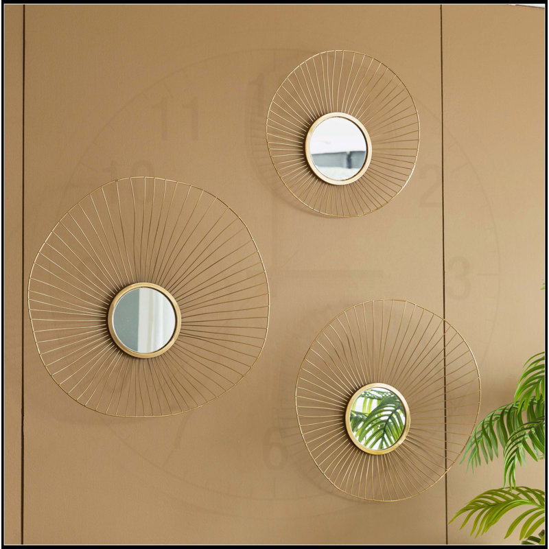 Ensemble de 3 miroirs muraux abstraits avec cadre doré pour la maison et le bureau, haut du buffet L: 26 x 5 x 25,5 po