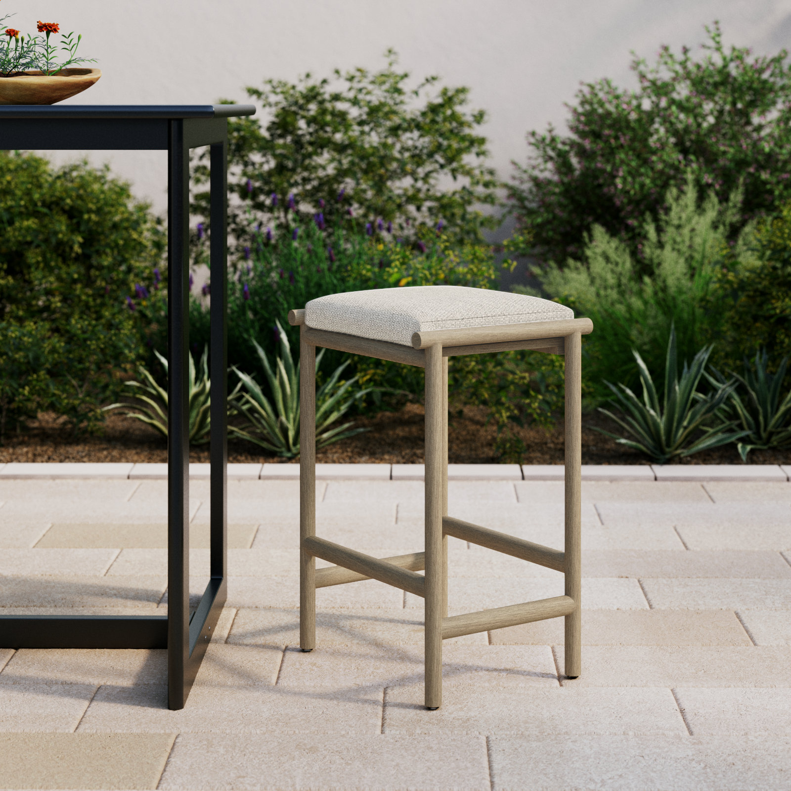 Teak Backless Outdoor Bar Stool with Cushion, Counter Stool (26.46” Seat Height)