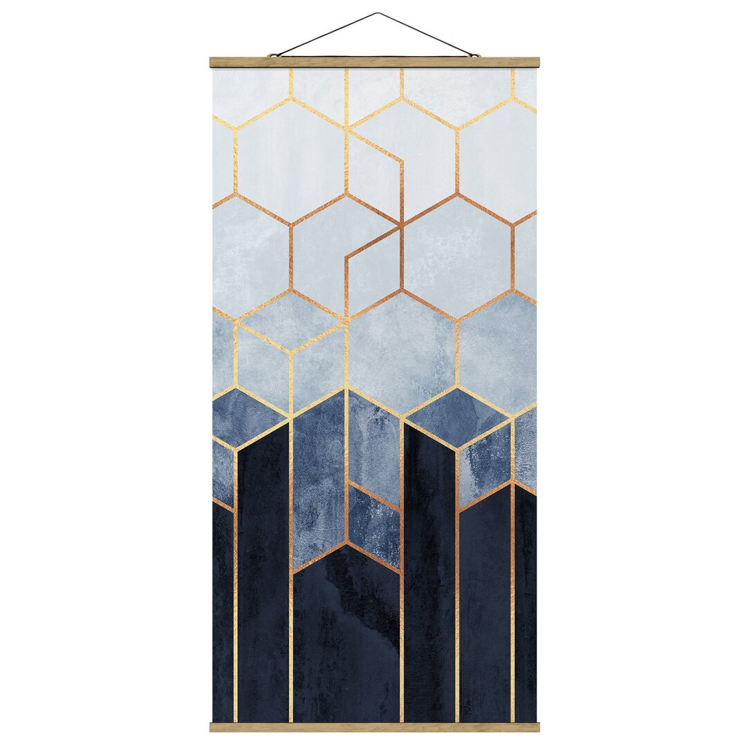 Grafikdruck Golden Hexagons Blue White von Elisabeth Fredriksson