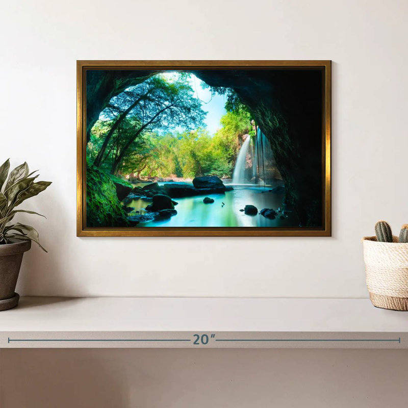 Thai Cave Waterfall, Floating Frame Gold, 13" X 9"
