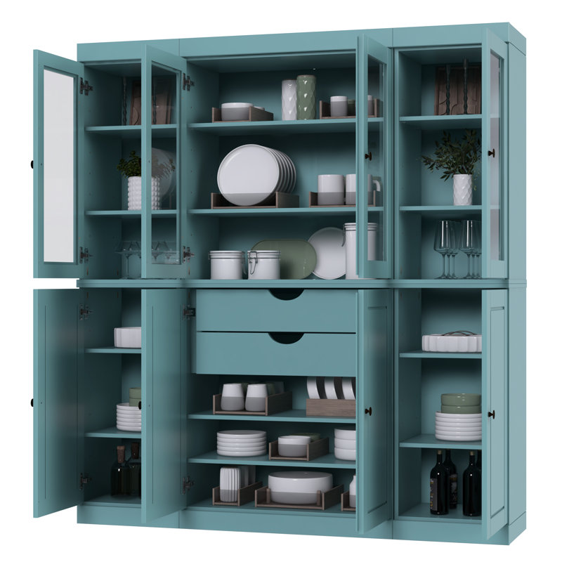 Armoire de cuisine haute 100% en bois massif avec portes en verre et 2 tiroirs, tablettes réglables, armoire de rangement modulaire de cuisine Pulcova, l 65 po x H 71,5 po