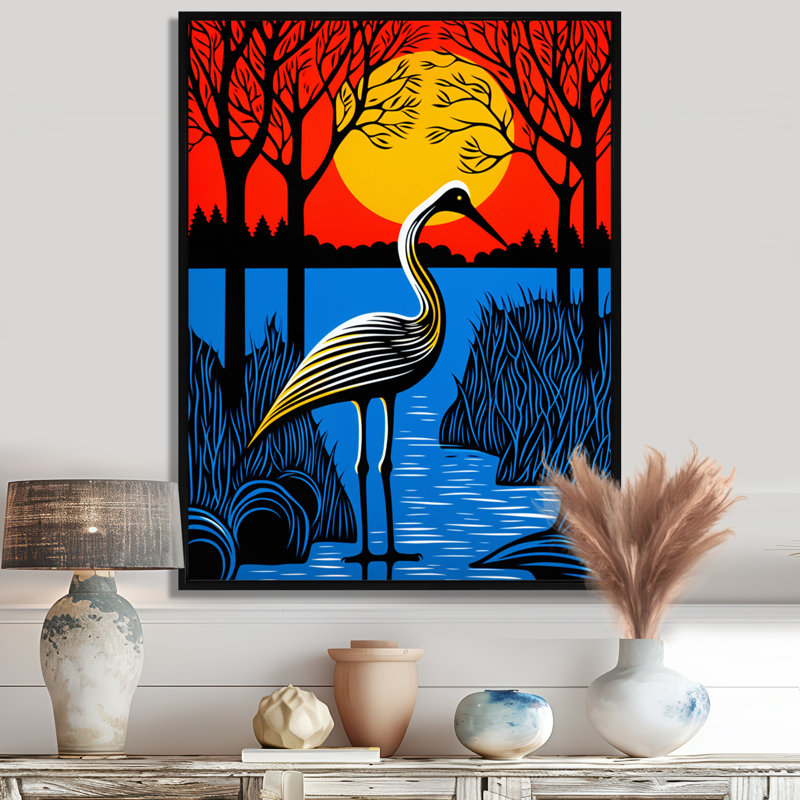 Cigogne par la pleine lune, art mural pélican, H 20 po x l 12 po, Toile flottante noire encadrée