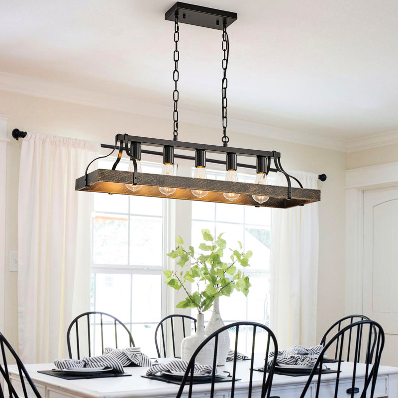 Luminaire suspendu vintage noir doré de 34 pouces - 5 douilles E26, chaîne de suspension réglable pour la salle à manger, douilles d'ampoules de cuisine, cuisine, salle à manger, salon