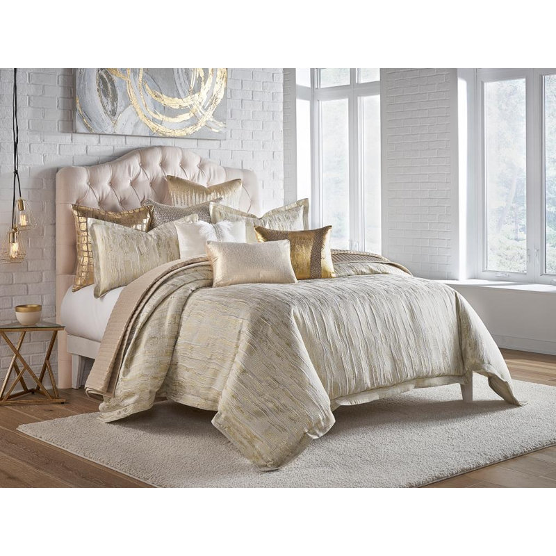Naja Glam Polyester Percale Striped Duvet Cover, Ivory/Gold, King Duvet Cover + 2 King Shams
