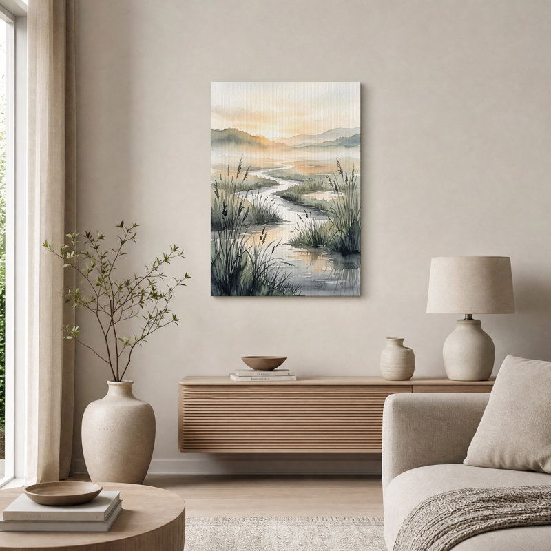 «Winding River and Tall Grass in Aquarelle», art mural sur toile, H 48 po x l 36 po