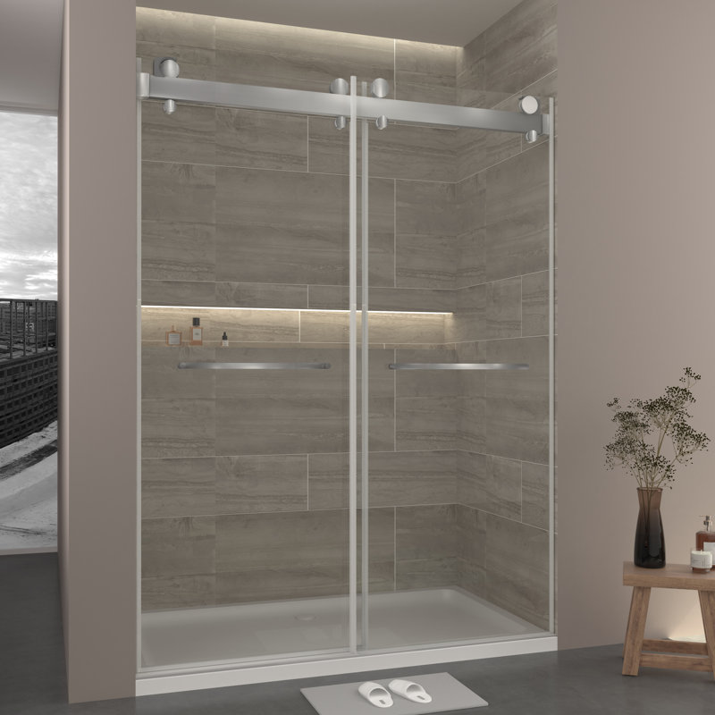 Gargy 69"-72"W * 78"H Double Sliding Door Shower Door With Closing System, Brush Silver, Dual Door Stops
