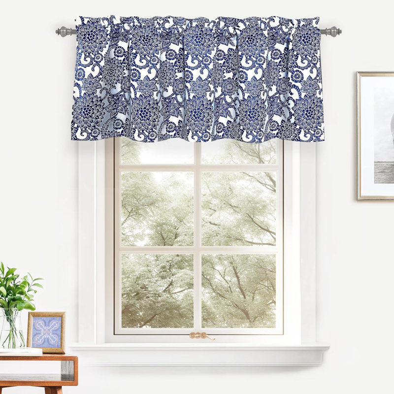 Zeledon Floral Lined Blackout Kitchen Valance Tailored 52" Window Valance, Navy