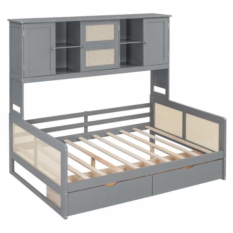 Lit de jour en bois double avec 2 tiroirs, armoire et tablette tout-en-un, gris