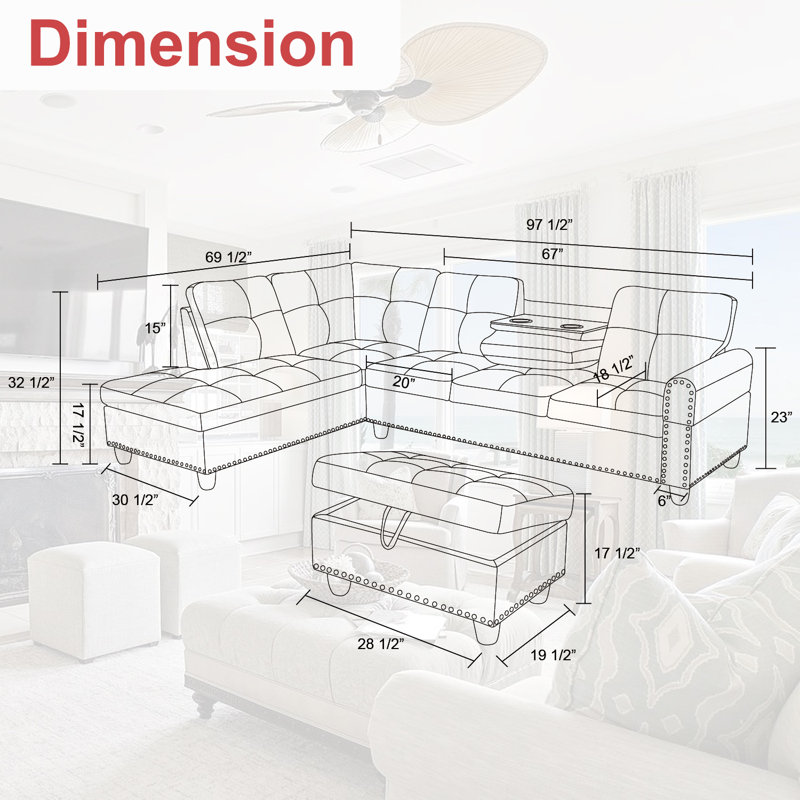 Canapé modulaire rembourré avec table cachée et repose-pieds avec rangement, Microfibre noire, Orienté à gauche (vu de face)